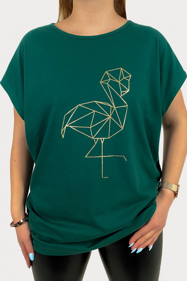 T-shirt plus size w kolorze butelkowej zieleni koszulka złoty flaming