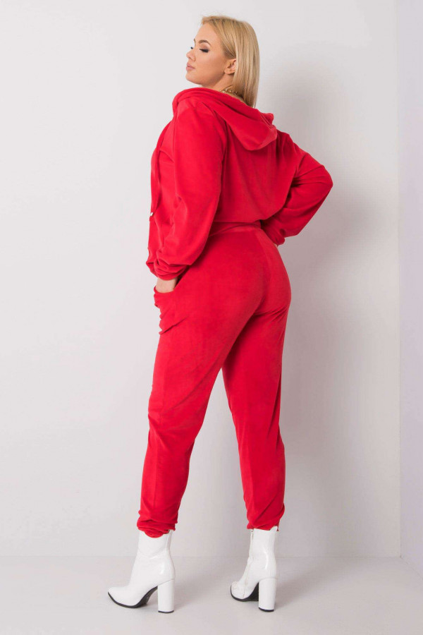 Dres damski plus size welurowy w kolorze czerwonym komplet spodnie i bluza ZIP 2