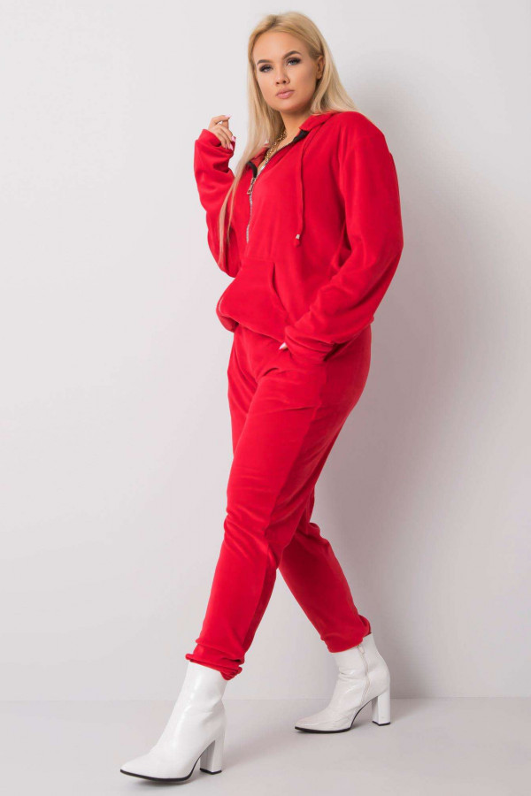Dres damski plus size welurowy w kolorze czerwonym komplet spodnie i bluza ZIP 4