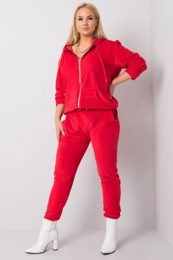 Dres damski plus size welurowy w kolorze czerwonym komplet spodnie i bluza ZIP 1