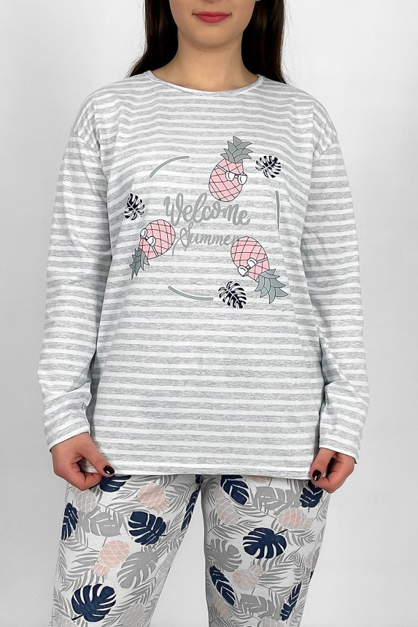 Piżama damska plus size w kolorze szarym koszulka + spodnie liście ananasy