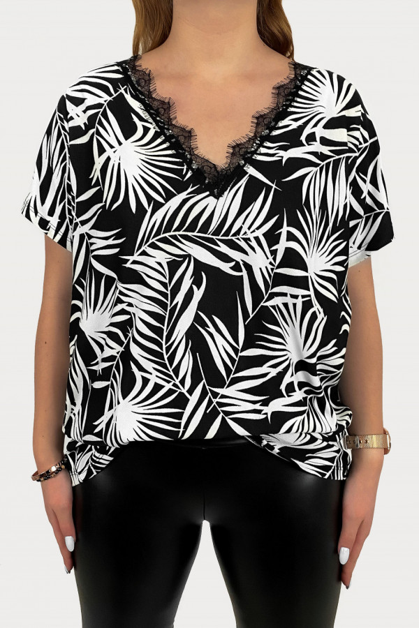 Kobieca bluzka plus size wzór liście tropical dekolt V koronka Alicja 1