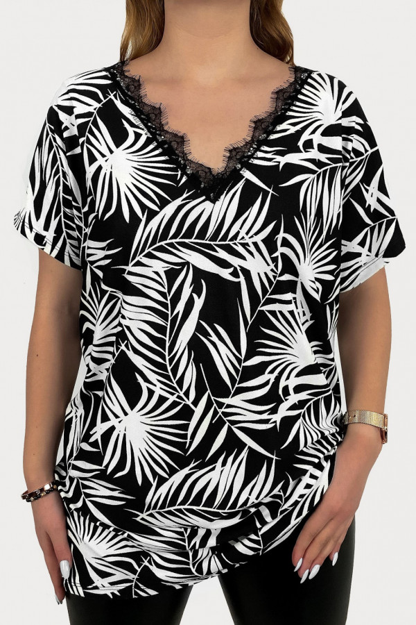 Kobieca bluzka plus size wzór liście tropical dekolt V koronka Alicja