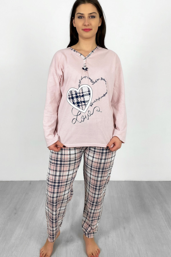 Piżama damska plus size w kolorze pudrowym koszulka + spodnie kratka serce 2
