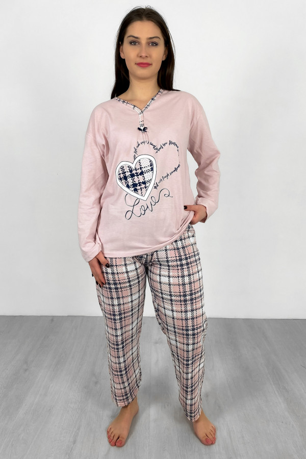 Piżama damska plus size w kolorze pudrowym koszulka + spodnie kratka serce 1