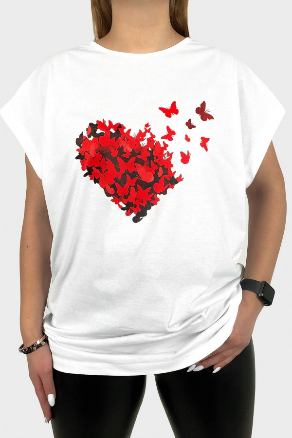 T-shirt plus size koszulka bluzka damska w kolorze białym serce motyle