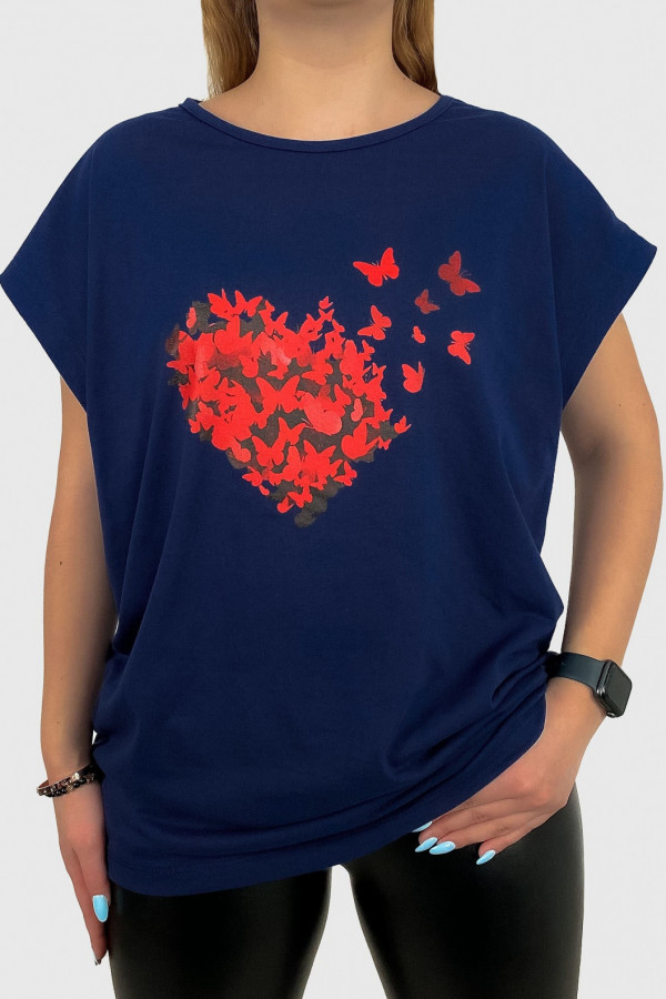 T-shirt plus size koszulka bluzka damska w kolorze granatowym serce motyle