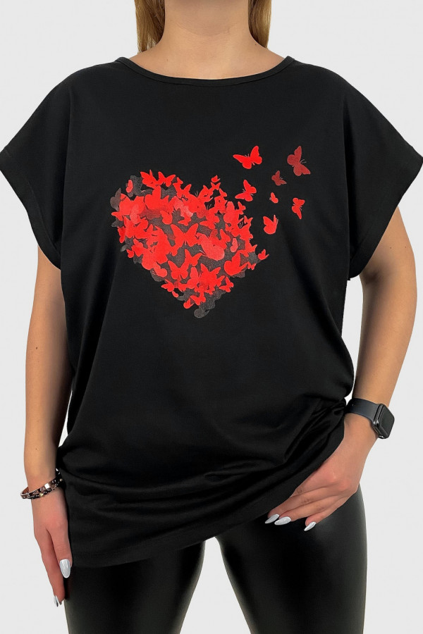 T-shirt plus size koszulka bluzka damska w czarnym białym serce motyle