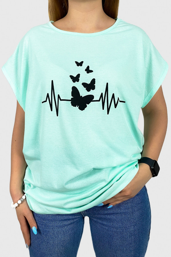 Bluzka damska t-shirt w kolorze miętowym print linia życia motyle