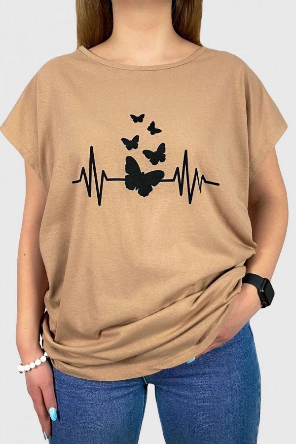 Bluzka damska t-shirt w kolorze beżowym print linia życia motyle