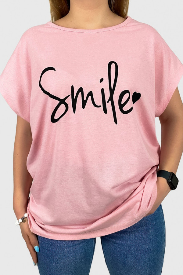 T-shirt plus size koszulka bluzka damska w kolorze różowym napis smile