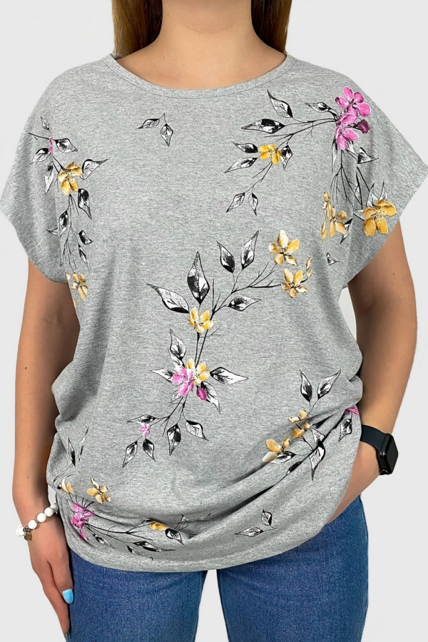 T-shirt damski plus size w kolorze szarym gałązki kwiaty