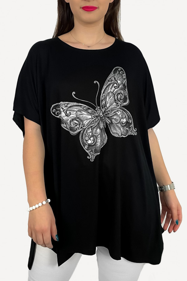 Tunika plus size luźna bluzka z wiskozy w kolorze czarnym motyl