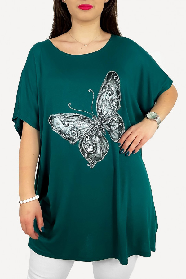 Tunika plus size luźna bluzka z wiskozy w kolorze morskim motyl