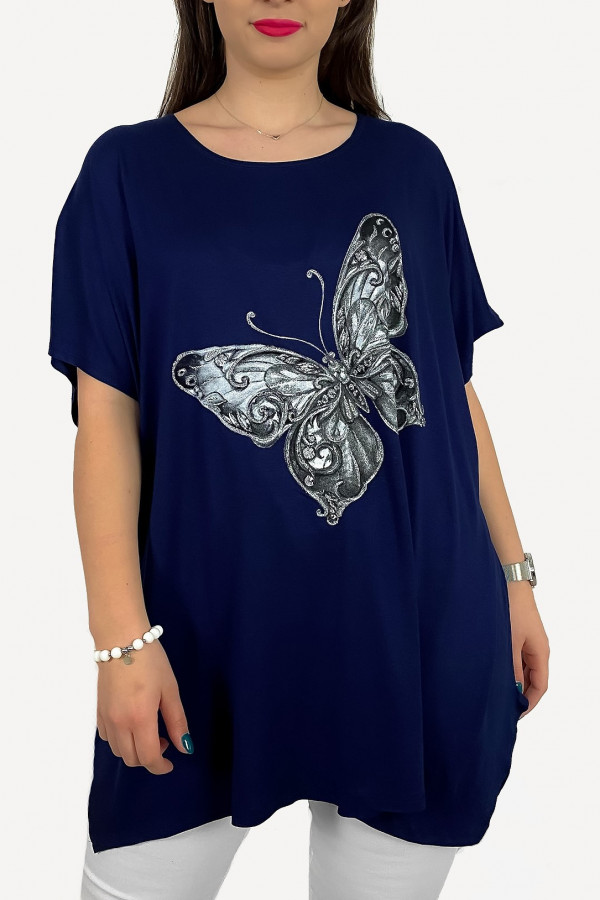 Tunika plus size luźna bluzka z wiskozy w kolorze granatowym motyl