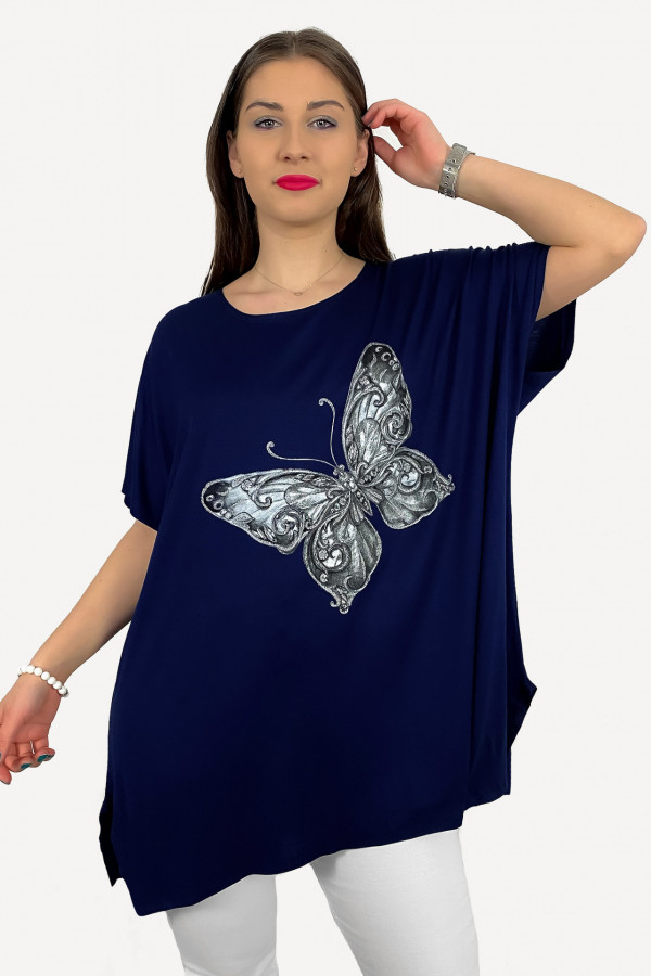 Tunika plus size luźna bluzka z wiskozy w kolorze granatowym motyl 1