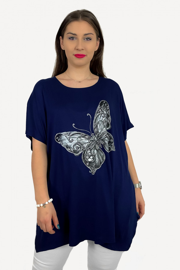 Tunika plus size luźna bluzka z wiskozy w kolorze granatowym motyl 2