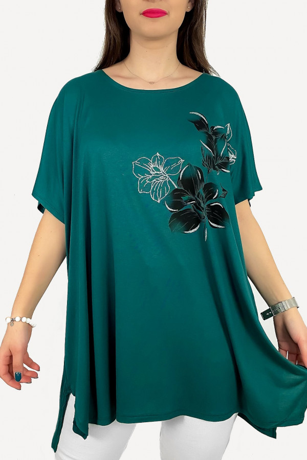 Tunika plus size luźna bluzka z wiskozy w kolorze morskim kwiaty bloom