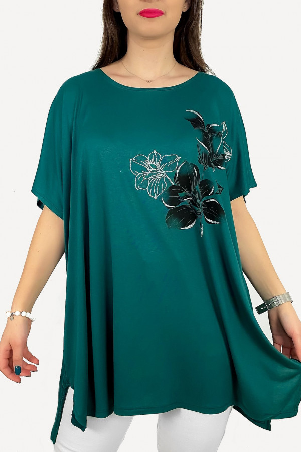 Tunika plus size luźna bluzka z wiskozy w kolorze morskim kwiaty bloom 2