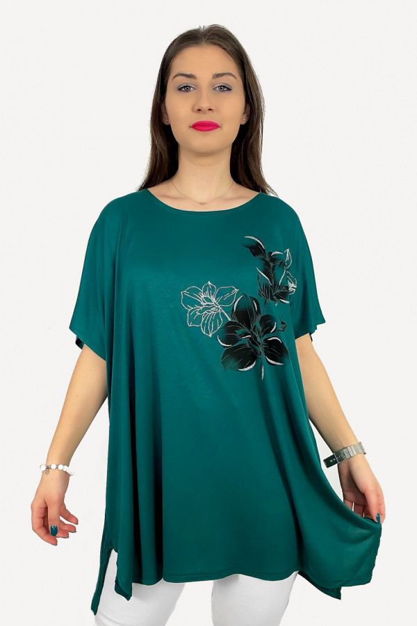 Tunika plus size luźna bluzka z wiskozy w kolorze morskim kwiaty bloom 1