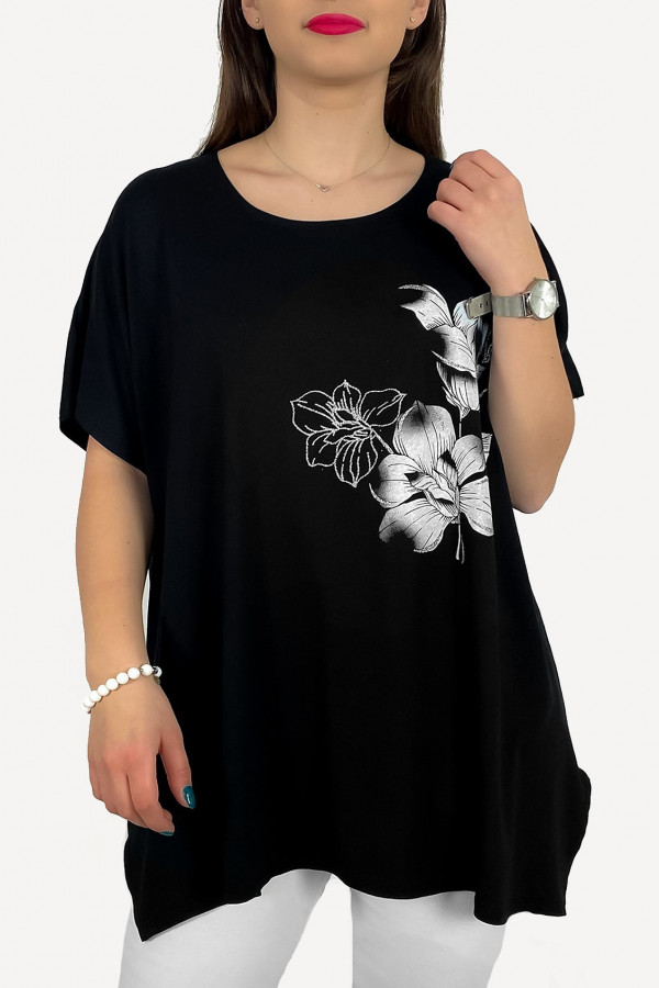 Tunika plus size luźna bluzka z wiskozy w kolorze czarnym kwiaty bloom