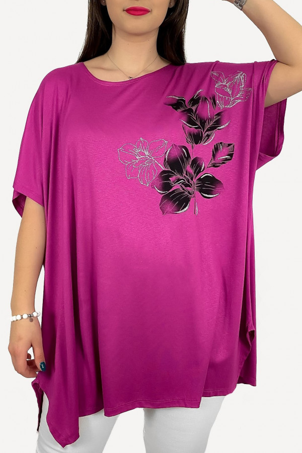 Tunika plus size luźna bluzka z wiskozy w kolorze fuksji kwiaty bloom