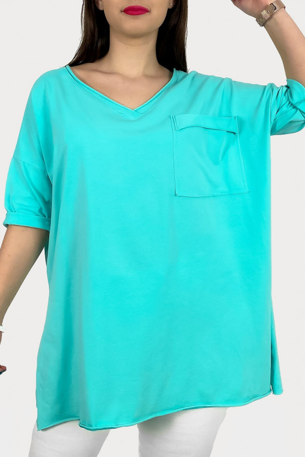 Tunika damska w kolorze miętowym t-shirt oversize v-neck kieszeń Polina