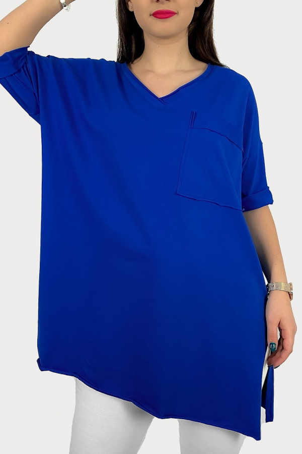 Tunika damska w kolorze chabrowym bluzka oversize v-neck kieszeń Polina