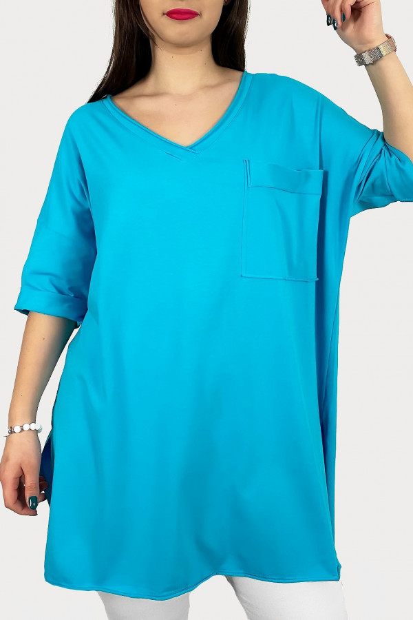 Tunika damska w kolorze turkusowym t-shirt oversize v-neck kieszeń Polina