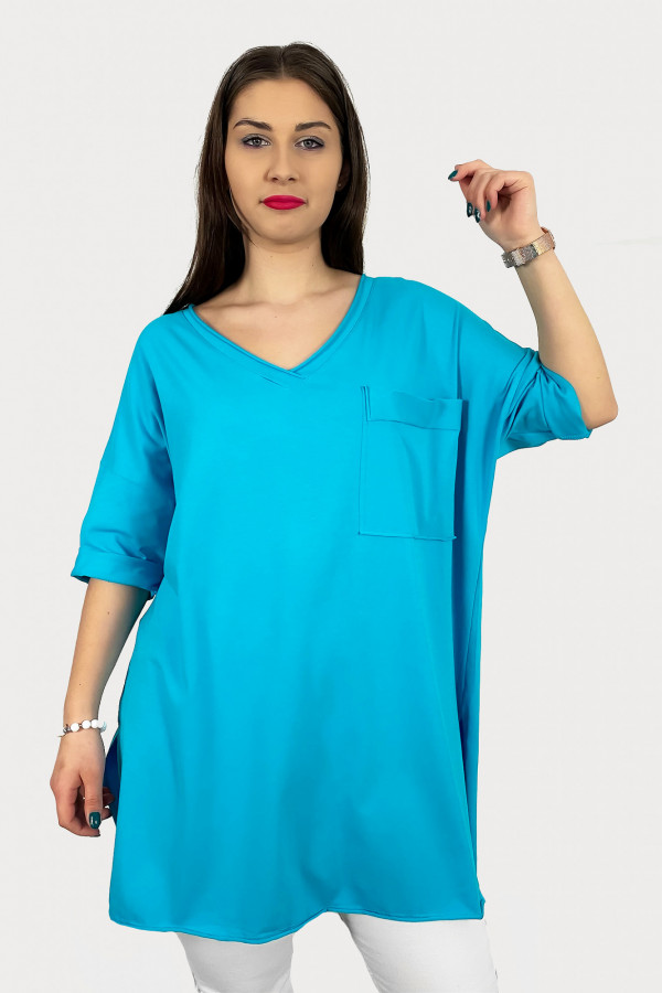 Tunika damska w kolorze turkusowym t-shirt oversize v-neck kieszeń Polina 1
