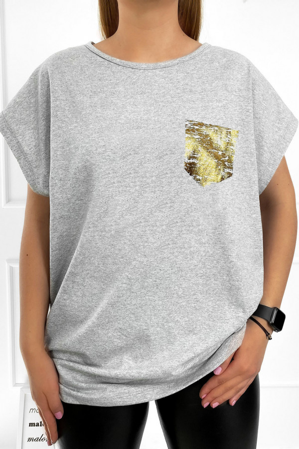 T-shirt koszulka bluzka damska w kolorze szarym złota kieszonka pocket