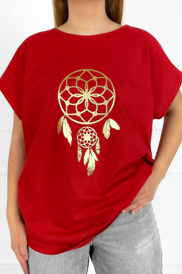 T-shirt damski plus size w kolorze czerwonym złoty łapacz snów