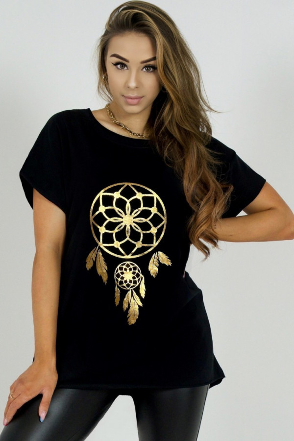 T-shirt damski plus size w kolorze czarnym złoty łapacz snów 1