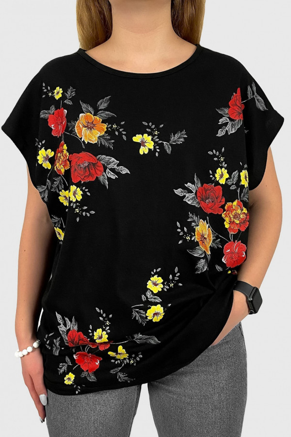 T-shirt damski plus size w kolorze czarnym kwiaty folk
