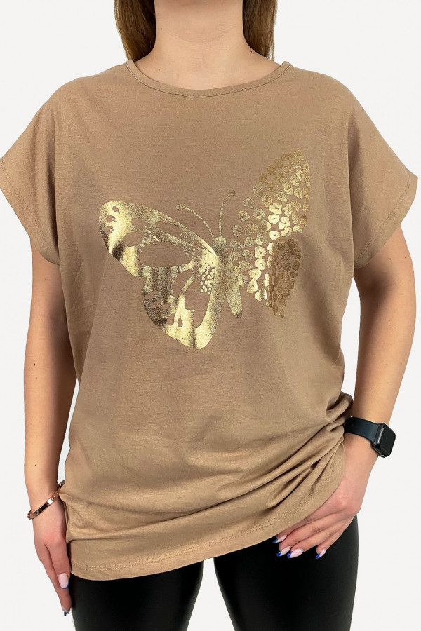 T-shirt damski plus sizea w kolorze latte beż złoty motyl