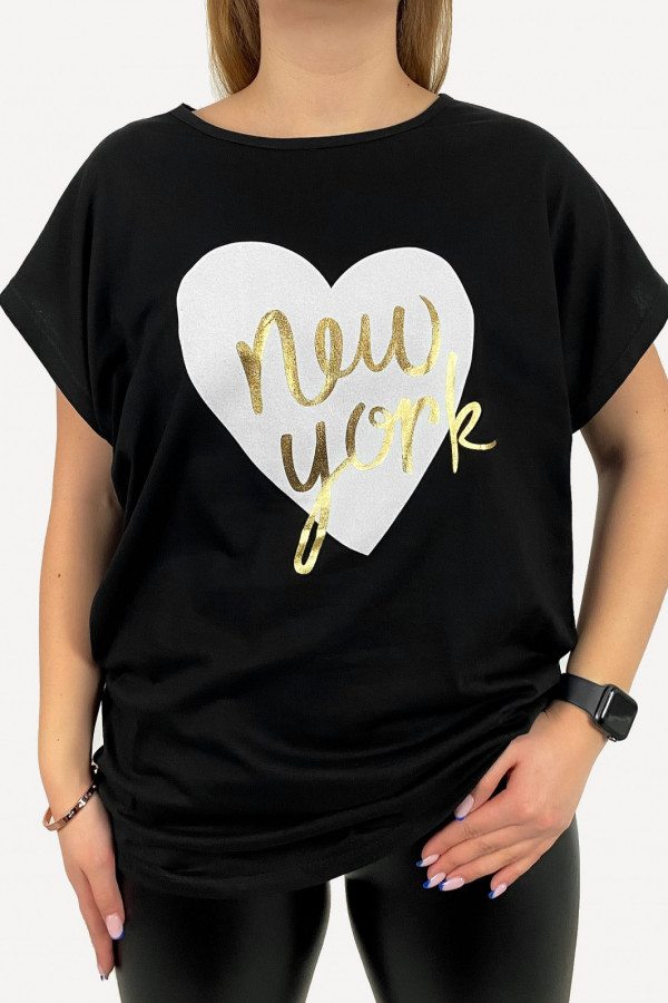 T-shirt damski plus size w kolorze czarnym złoty print new york