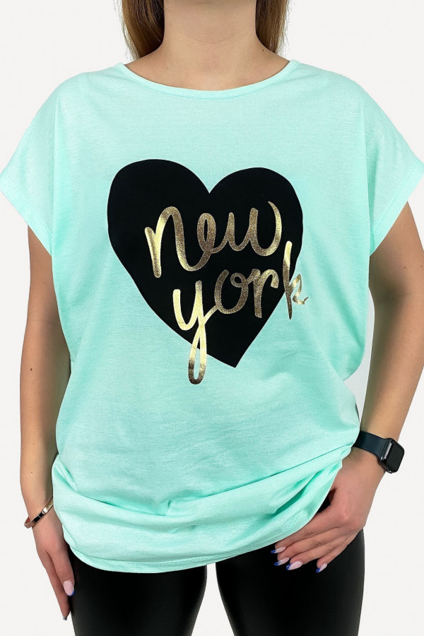 T-shirt damski plus size w kolorze miętowym złoty print new york