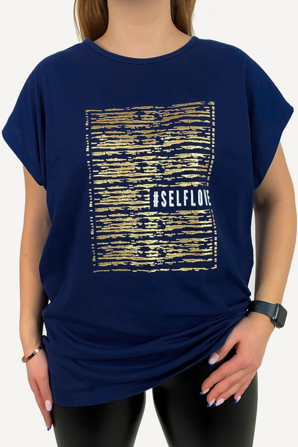 T-shirt damski plus size w kolorze granatowym złoty print selflove