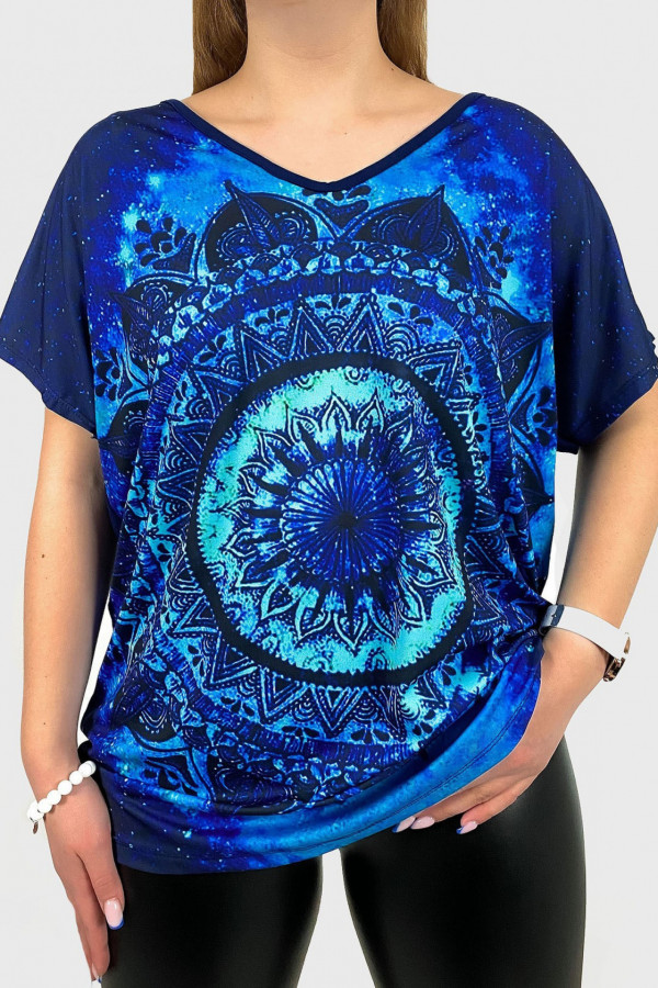 Bluzka damska plus size nietoperz dekolt w serek multikolor blue Mandala