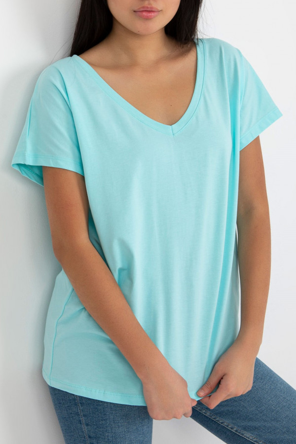Bluzka damska w kolorze miętowym t-shirt basic dekolt w serek v-neck luna