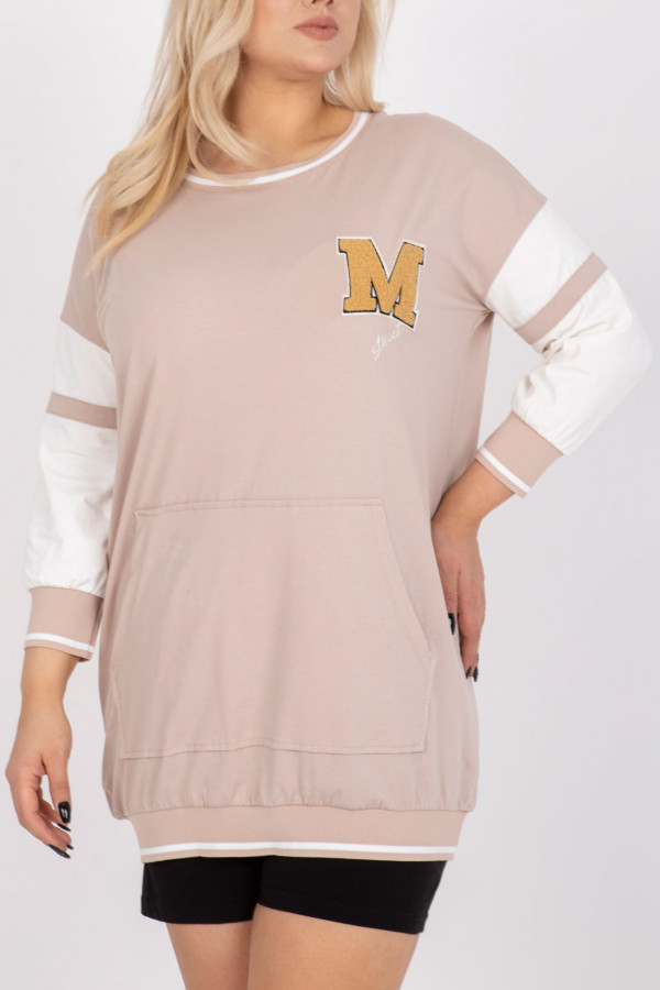 Sportowa bluzka damska tunika plus size w kolorze beżowym