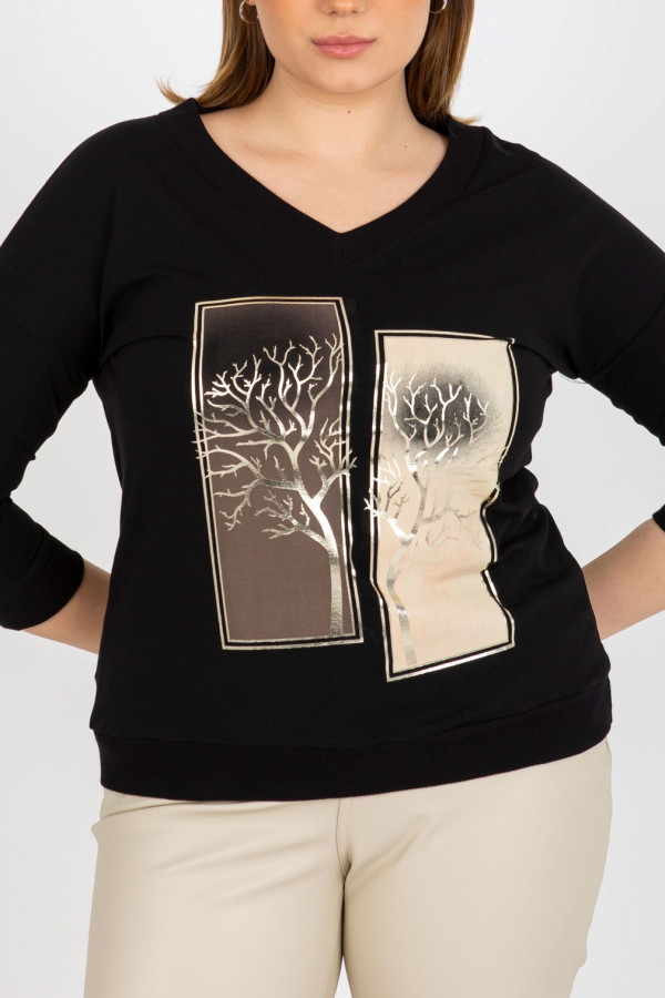 Bluzka damska plus size w kolorze czarnym rękaw 3/4 nadruk print drzewo