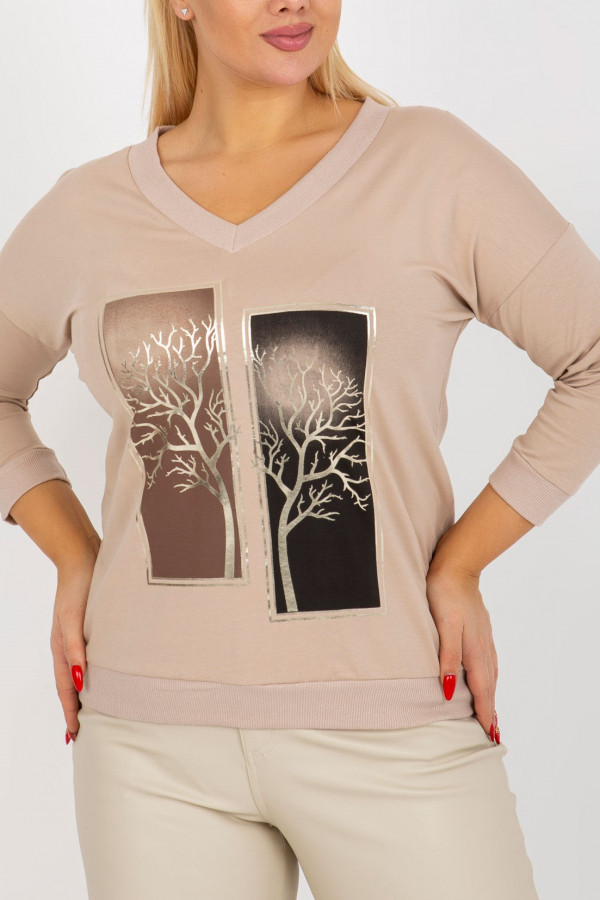 Bluzka damska plus size w kolorze beżowym rękaw 3/4 nadruk print drzewo