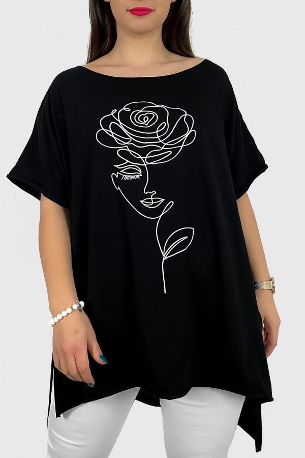 Bluzka damska w kolorze czarnym oversize dłuższy tył print line art kobieta kwiat
