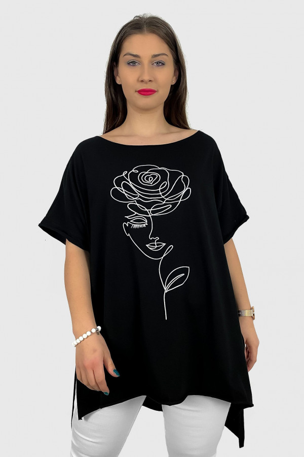 Bluzka damska w kolorze czarnym oversize dłuższy tył print line art kobieta kwiat 2