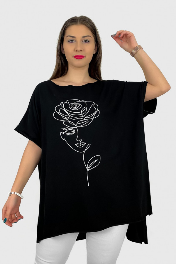 Bluzka damska w kolorze czarnym oversize dłuższy tył print line art kobieta kwiat 1