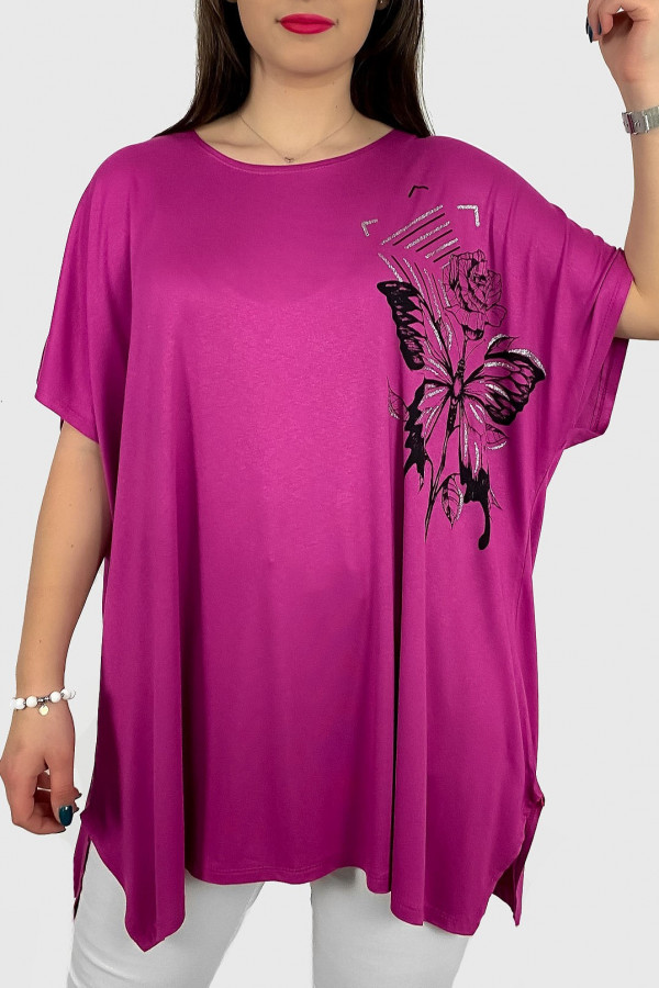 Tunika plus size luźna bluzka z wiskozy w kolorze fuksji kwiaty motyl