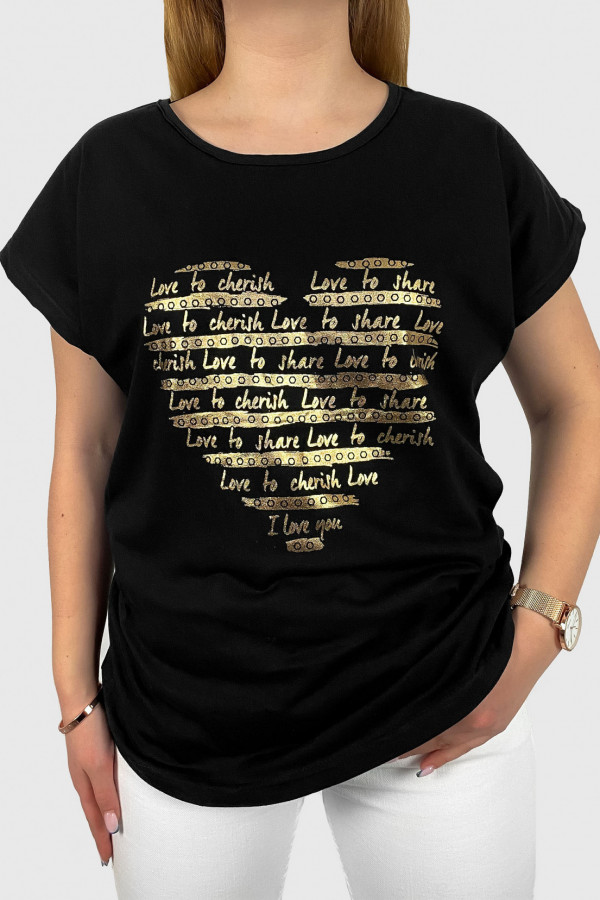 T-shirt damski w kolorze czarnym złoty print serce love
