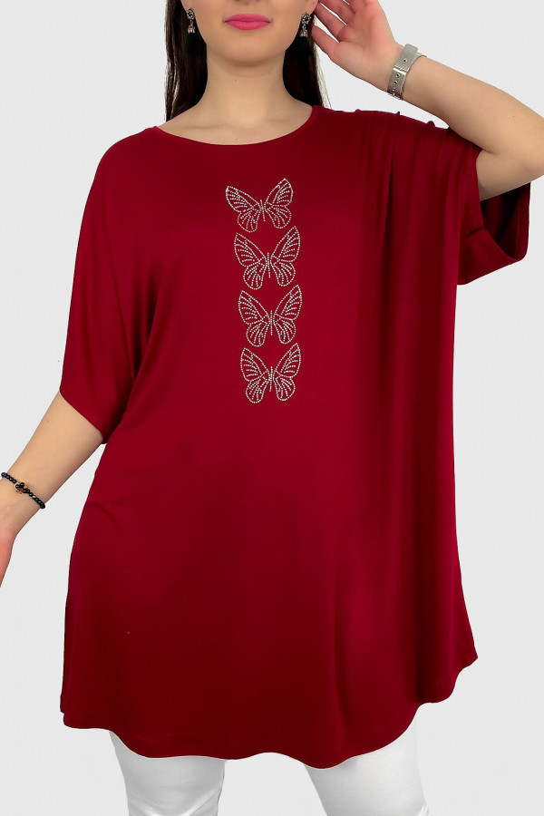 Tunika plus size luźna bluzka z wiskozy w kolorze bordowym print dżety motyle Marisol