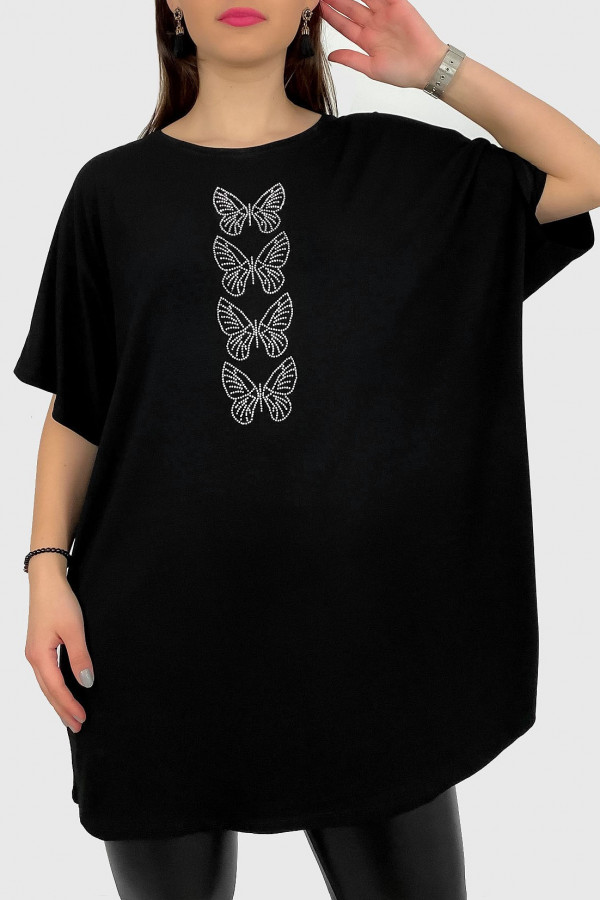 Tunika plus size luźna bluzka z wiskozy w kolorze czarnym print dżety motyle Marisol